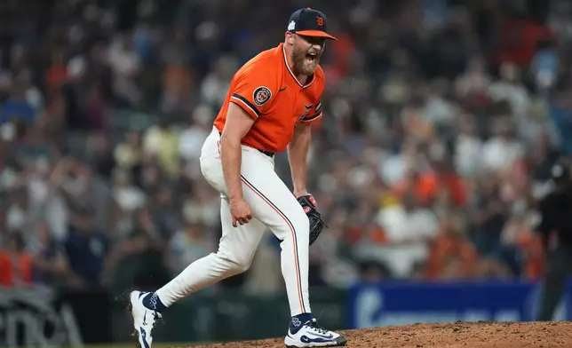 Detroit Tigers pitcher Will Vest reacts to the final out against the Seattle Mariners during the ninth inning of a baseball game Friday, June 5, 2026, in Detroit. (AP Photo/Paul Sancya)