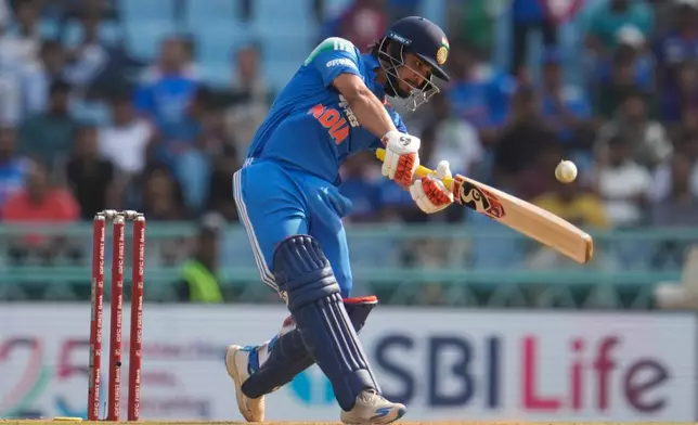 India's Ishan Kishan hits a six during the second ODI cricket match between India and Afghanistan in Lucknow, India, Wednesday, June 17, 2026. (AP Photo/Manish Swarup)