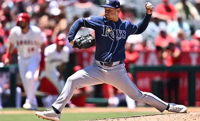Tampa Bay Rays pitcher Ian Seymour delivers during the second inning of a baseball game against the Los Angeles Angels, Sunday, June 14, 2026, in Anaheim, Calif. (AP Photo/William Liang)