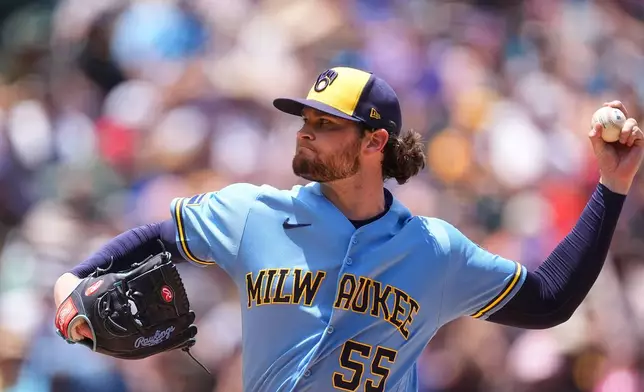 Milwaukee Brewers starting pitcher Shane Drohan works against the Colorado Rockies in the first inning of a baseball game Sunday, June 7, 2026, in Denver. (AP Photo/David Zalubowski)