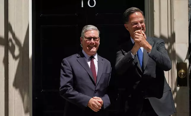 Britain's Prime Minister Keir Starmer welcomes NATO Secretary General Mark Rutte to 10 Downing Street in London, Monday, June 29, 2026.(AP Photo/Alberto Pezzali, Pool)