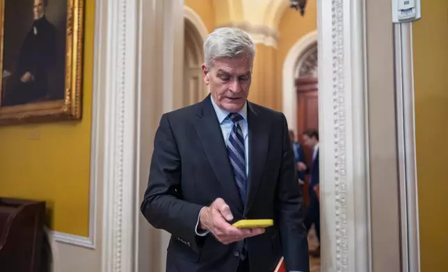 Sen. Bill Cassidy, R-La., heads to a closed-door Republican policy meeting at the Capitol in Washington, Tuesday, June 16, 2026. (AP Photo/J. Scott Applewhite)