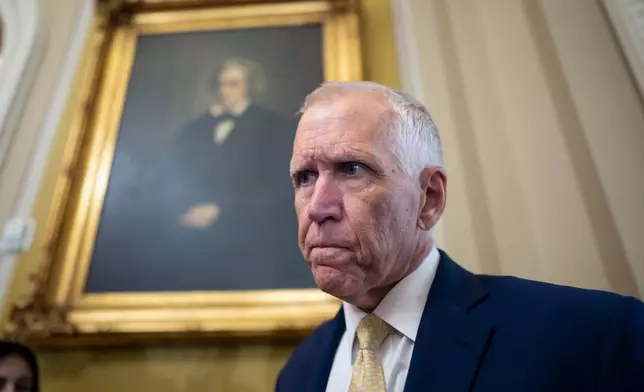 Sen. Thom Tillis, R-N.C., speaks with reporters before a Republican lunch at the Capitol in Washington, Tuesday, June 16, 2026. (AP Photo/J. Scott Applewhite)