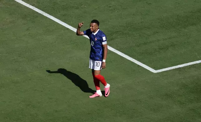France's Kylian Mbappe reacts during the World Cup Group I soccer match between France and Senegal in East Rutherford, N.J., near New York, Tuesday, June 16, 2026. (AP Photo/Adam Hunger)