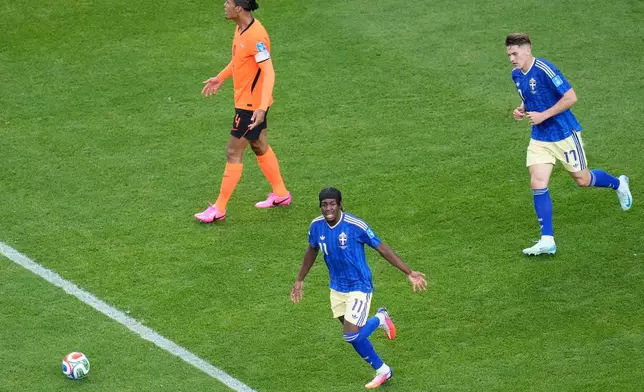 Sweden's Anthony Elanga celebrates after scoring their first goal during the World Cup Group F soccer match between the Netherlands and Sweden in Houston, Saturday, June 20, 2026. (AP Photo/Karen Warren)