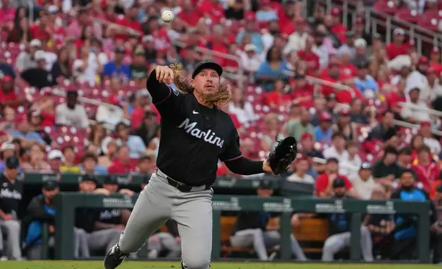 Miami Marlins pitcher Lake Bachar throws out St. Louis Cardinals' Alec Burleson at first during the sixth inning of a baseball game Saturday, June 27, 2026, in St. Louis. (AP Photo/Jeff Roberson)