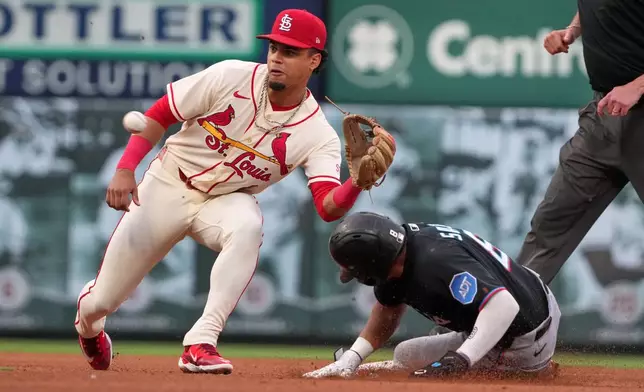 Miami Marlins' Javier Sanoja, right, steals second as St. Louis Cardinals shortstop Masyn Winn handles the throw during the fourth inning of a baseball game Saturday, June 27, 2026, in St. Louis. (AP Photo/Jeff Roberson)