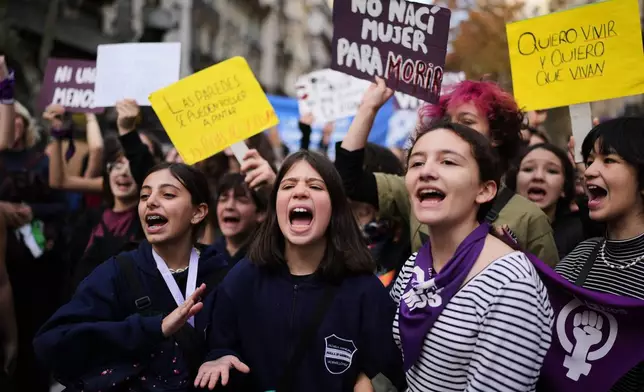 Demonstrators take part in a march marking the anniversary of the "Ni Una Menos" (Not One Fewer) women's movement in Buenos Aires, Argentina, Wednesday, June 3, 2026. (AP Photo/Natacha Pisarenko)