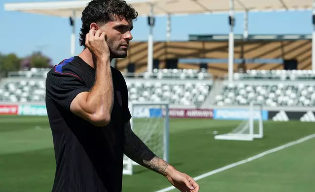 United States' Christian Pulisic attends a training session ahead of his FIFA World Cup match against Paraguay at its World Cup soccer tournament training base in Irvine, Calif., Thursday, June 11, 2026. (AP Photo/Andre Penner)