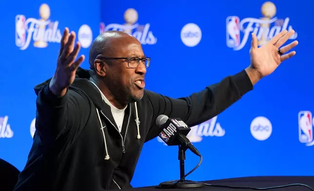 New York Knicks head coach Mike Brown speaks to the media prior to the start of the NBA Finals basketball series against the San Antonio Spurs, Tuesday, June 2, 2026, in San Antonio. (AP Photo/Eric Gay)