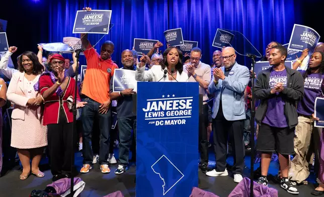 D.C. Council members Janeese Lewis George speaks to the crowd after winning D.C. Mayor Democratic primary election during the Election Night Party at the Howard Theatre Tuesday, June 16, 2026, in Washington. (AP Photo/Jose Luis Magana)