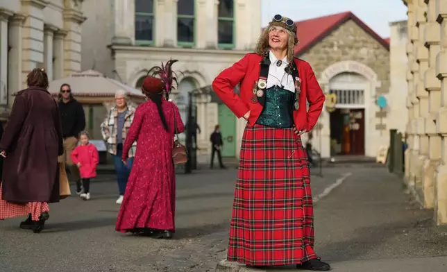 Steampunk NZ Festival co-founder Helen Jansen poses for a portrai at the annual event in Ōamaru, New Zealand, Saturday, May 30, 2026. (AP Photo/Charlotte Graham-McLay)
