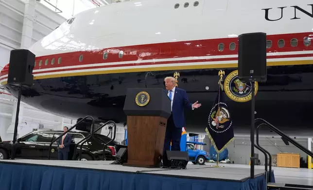 President Donald Trump speaks after touring the newly designated Air Force One presidential aircraft at Joint Base Andrews, Md., Friday, June 19, 2026. (AP Photo/Manuel Balce Ceneta)