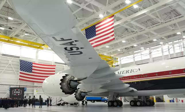 The newly designated Air Force One presidential aircraft sits in a hangar following a tour by President Donald Trump at Joint Base Andrews, Md., Friday, June 19, 2026. (AP Photo/Manuel Balce Ceneta)