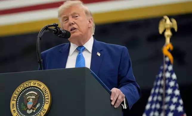 President Donald Trump speaks after touring the newly designated Air Force One presidential aircraft at Joint Base Andrews, Md., Friday, June 19, 2026. (AP Photo/Manuel Balce Ceneta)