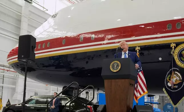 President Donald Trump speaks after touring the newly designated Air Force One presidential aircraft at Joint Base Andrews, Md., Friday, June 19, 2026. (AP Photo/Manuel Balce Ceneta)