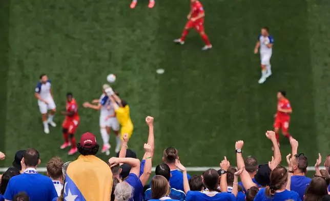 Bosnia fans cheer during the World Cup Group B soccer match between Switzerland and Bosnia in Inglewood, Calif., near Los Angeles, Thursday, June 18, 2026. (AP Photo/Mark J. Terrill)