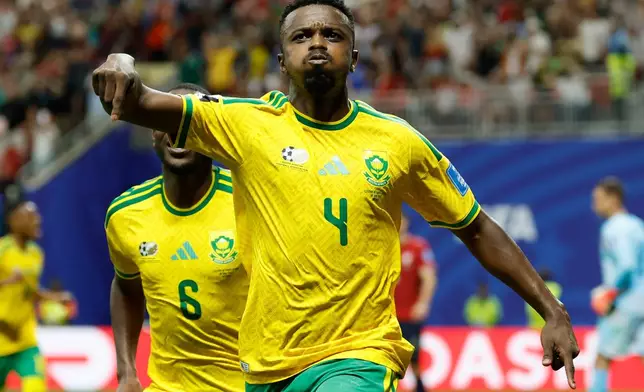 South Africa's Teboho Mokoena celebrates after scoring a penalty, his side's first goal during the World Cup Group A soccer match between Czechia and South Africa in Atlanta, Thursday, June 18, 2026. (AP Photo/Erik S. Lesser)