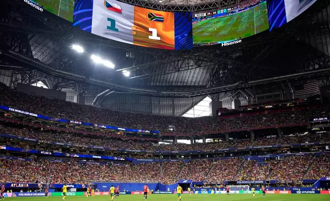The video screen shows the score at the end of the regular time during the World Cup Group A soccer match between Czechia and South Africa in Atlanta, Thursday, June 18, 2026. (AP Photo/Mike Stewart)