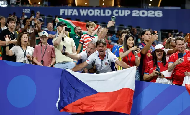 Czechia supporters cheer for their national team before the World Cup Group A soccer match between Czechia and South Africa in Atlanta, Thursday, June 18, 2026. (AP Photo/Erik S. Lesser)