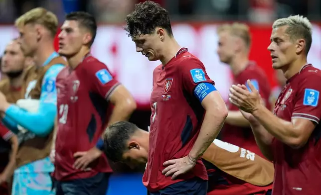 Czechia's Ladislav Krejci reacts at the end of the World Cup Group A soccer match between Czechia and South Africa in Atlanta, Thursday, June 18, 2026. (AP Photo/Mike Stewart)