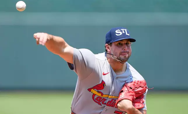 St. Louis Cardinals pitcher Max Rajcic throws during the third inning of a baseball game against the Kansas City Royals, Sunday, June 21, 2026, in Kansas City, Mo. (AP Photo/Charlie Riedel)