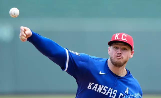 Kansas City Royals starting pitcher Stephen Kolek throws during the first inning of a baseball game against the St. Louis Cardinals, Sunday, June 21, 2026, in Kansas City, Mo. (AP Photo/Charlie Riedel)