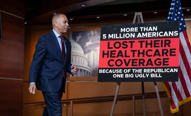House Minority Leader Hakeem Jeffries, D-N.Y., arrives to speak to reporters at the Capitol in Washington, Monday, June 29, 2026. (AP Photo/J. Scott Applewhite)