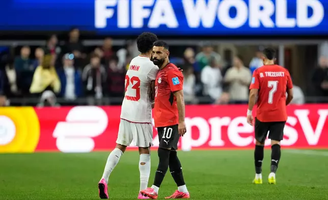 Egypt's Mohamed Salah (10) leaves the field to be substituted during the World Cup Group G soccer match between Egypt and Iran in Seattle, Friday, June 26, 2026. (AP Photo/Lindsey Wasson)