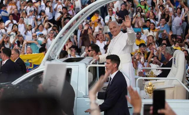 Pope Leo XIV arrives to attend a prayer vigil at Lluis Companys Olympic Stadium in Barcelona, Spain, Tuesday, June 9, 2026. (AP Photo/Emilio Morenatti)