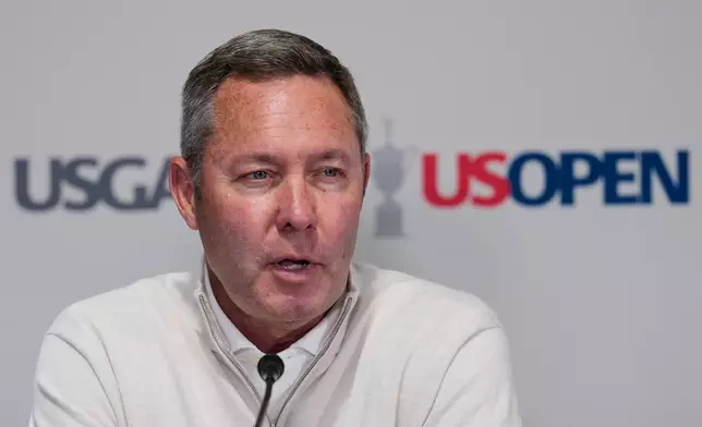 United States Golf Association CEO Mike Whan speaks during a news conference during the U.S. Open golf tournament at Shinnecock Hills Golf Club in Southampton, N.Y., Wednesday, June 17, 2026.(AP Photo/David J. Phillip)