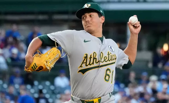 Athletics starting pitcher Gage Jump throws against the Chicago Cubs during the first inning of a baseball game in Chicago, Tuesday, June 2, 2026. (AP Photo/Nam Y. Huh)