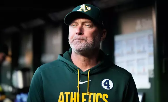 Athletics manager Mark Kotsay looks to the field before a baseball game against the Chicago Cubs in Chicago, Tuesday, June 2, 2026. (AP Photo/Nam Y. Huh)