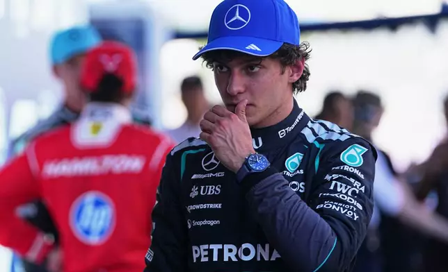 Mercedes driver Andrea Kimi Antonelli of Italy reacts after qualifying session for the Spain F1 Grand Prix at the Barcelona Catalunya racetrack in Montmelo, near Barcelona, Spain, Saturday, June 13, 2026. (AP Photo/Fatima Shbair)