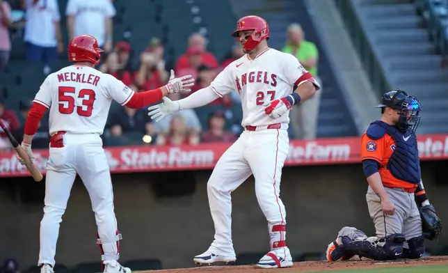 Los Angeles Angels Mike Trout (27) is greeted at home plate by Wade Meckler (53) after Trout's solo home run against the Houston Astros during the first inning of a baseball game Wednesday, June 10, 2026, in Anaheim, Calif. (AP Photo/Scott Strazzante)