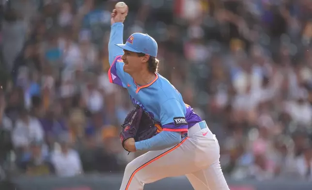Colorado Rockies starting pitcher Ryan Feltner works against the Milwaukee Brewers in the first inning of a baseball game Friday, June 5, 2026, in Denver. (AP Photo/David Zalubowski)