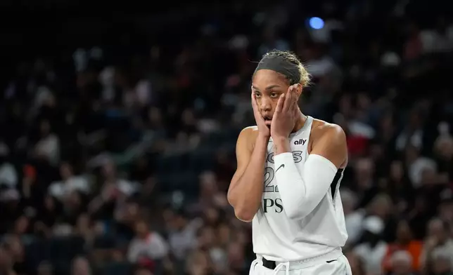 Las Vegas Aces forward Janiah Barker (2) reacts after a play against the Minnesota Lynx during the second half of a WNBA basketball game Saturday, June 13, 2026, in Las Vegas. (AP Photo/John Locher)