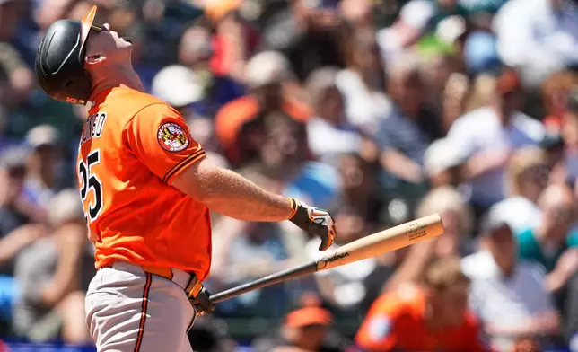 Baltimore Orioles' Pete Alonso reacts to striking out against the Seattle Mariners during the seventh inning of a baseball game, Thursday, June 18, 2026, in Seattle. (AP Photo/Lindsey Wasson)