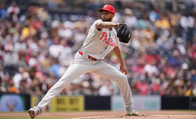 Philadelphia Phillies starting pitcher Cristopher Sánchez works against a San Diego Padres batter during the second inning of a baseball game Wednesday, May 27, 2026, in San Diego. (AP Photo/Gregory Bull)