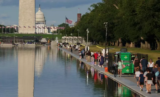 People walk along the Lincoln Memorial Reflecting Pool Tuesday, June 23, 2026, in Washington. (AP Photo/Jon Elswick)
