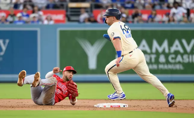 Los Angeles Dodgers' Dalton Rushing, right, rounds second base past Los Angeles Angels second baseman Oswald Peraza during the first inning of a baseball game in Los Angeles, Saturday, June 6, 2026. (AP Photo/Kyusung Gong)