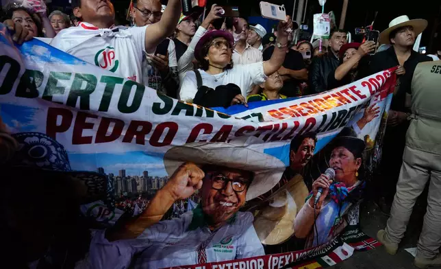Supporters of presidential candidate Roberto Sanchez, of Together for Peru party hold banners during his closing campaign rally in Lima, Peru, Thursday, June 4, 2026. (AP Photo/Martin Mejia)
