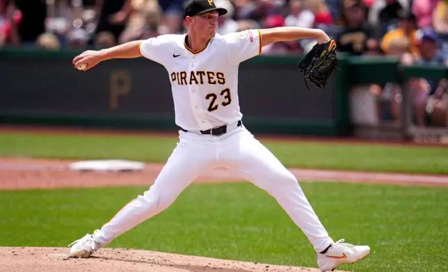 Pittsburgh Pirates pitcher Mitch Keller delivers during the first inning of a baseball game against the Cincinnati Reds in Pittsburgh, Sunday, June 28, 2026. (AP Photo/Gene J. Puskar)