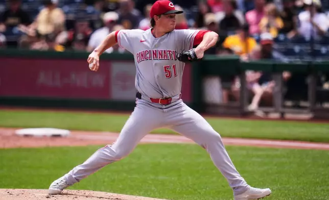 Cincinnati Reds pitcher Brady Singer delivers during the first inning of a baseball game against the Pittsburgh Pirates in Pittsburgh, Sunday, June 28, 2026. (AP Photo/Gene J. Puskar)