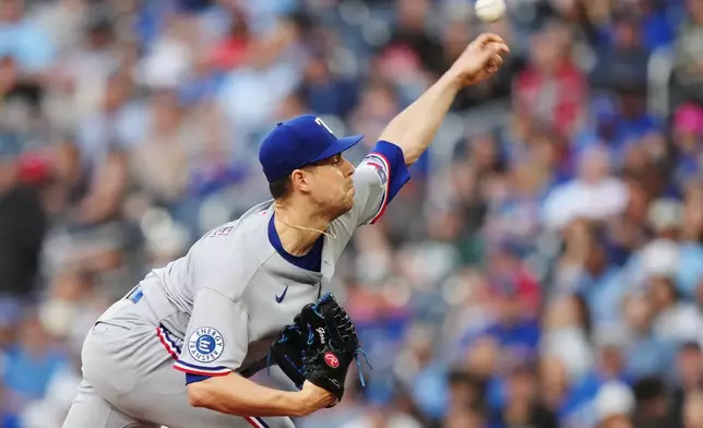 Texas Rangers pitcher MacKenzie Gore (1) works against the Toronto Blue Jays during the second inning of a baseball game in Toronto, Thursday, June 25, 2026. (Nathan Denette/The Canadian Press via AP)