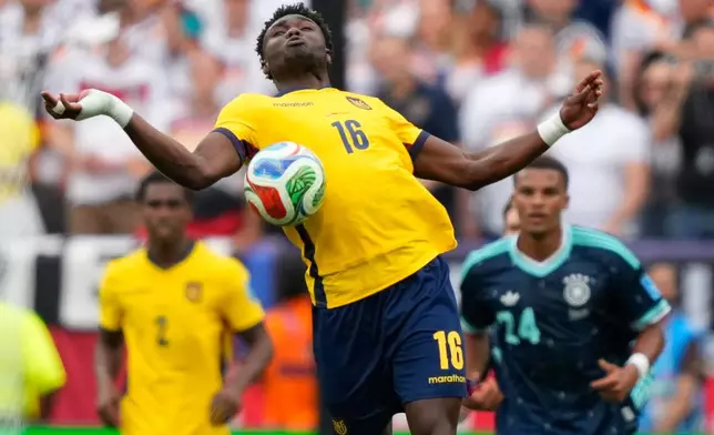 Ecuador's Denil Castillo controls the ball during the World Cup Group E soccer match against Germany in East Rutherford, N.J., near New York, Thursday, June 25, 2026. (AP Photo/Yuki Iwamura)
