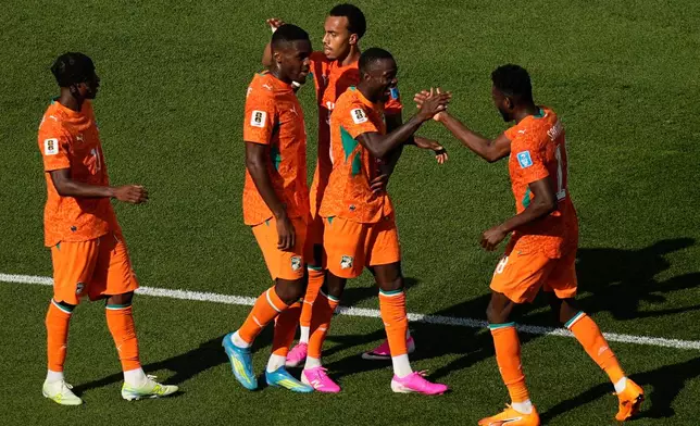 Ivory Coast's Nicolas Pepe, second from right, celebrates with teammates after scoring his side's second goal during the World Cup Group E soccer match between Curacao and Ivory Coast in Philadelphia, Thursday, June 25, 2026. (AP Photo/Matt Slocum)