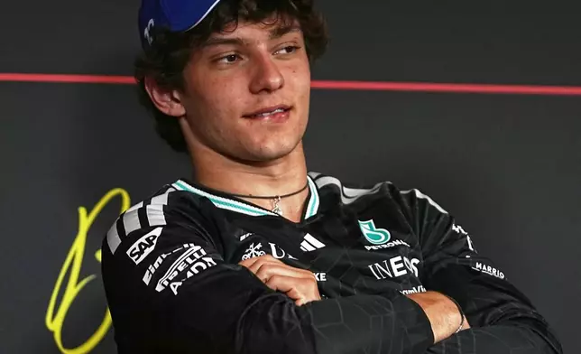 Mercedes driver Andrea Kimi Antonelli of Italy attends a press conference ahead of the Spanish Formula One Grand Prix at the Barcelona Catalunya racetrack in Montmelo, near Barcelona, Spain, Thursday, June 11, 2026. (AP Photo/ Fatima Shbair)