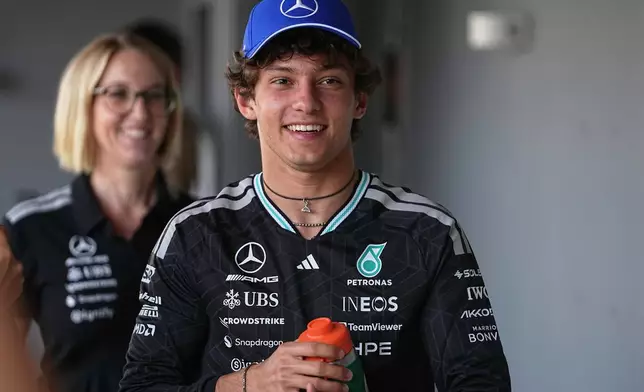 Mercedes driver Andrea Kimi Antonelli of Italy leaves after a press conference ahead of the Spanish Formula One Grand Prix at the Barcelona Catalunya racetrack in Montmelo, near Barcelona, Spain, Thursday, June 11, 2026. (AP Photo/ Fatima Shbair)