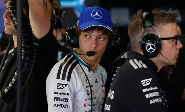 Mercedes driver Andrea Kimi Antonelli of Italy stands at pit during the first free practice for the Spain F1 Grand Prix at the Barcelona Catalunya racetrack in Montmelo, near Barcelona, Spain, Friday, June 12, 2026. (AP Photo/Joan Monfort)